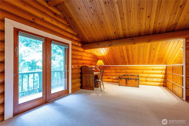 interior space with vaulted ceiling with beams, wooden ceiling, carpet, and rustic walls