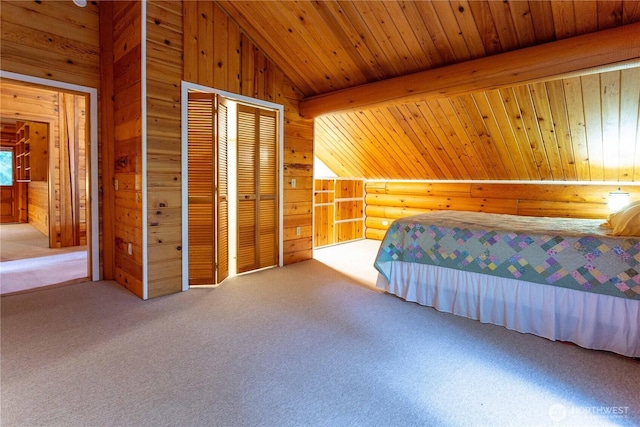 unfurnished bedroom featuring a closet, lofted ceiling with beams, carpet flooring, wooden walls, and wooden ceiling