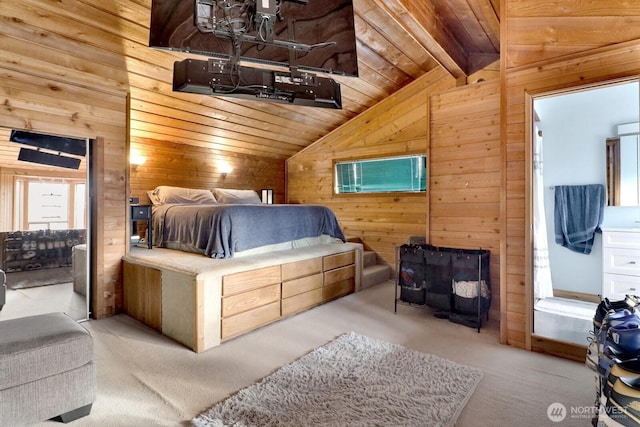 carpeted bedroom featuring vaulted ceiling and wood walls