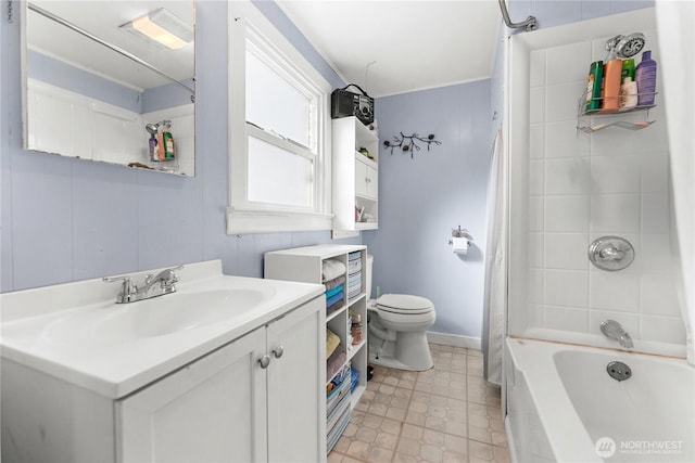 bathroom with vanity, shower / tub combo, and toilet