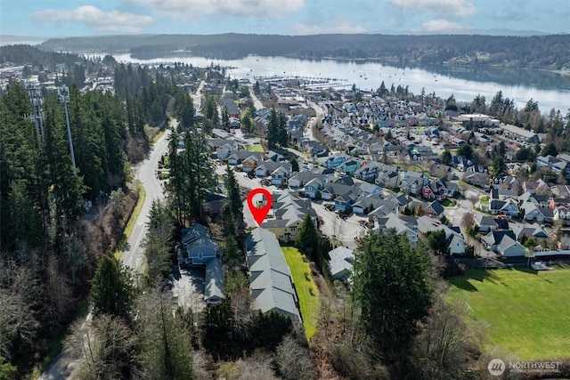 drone / aerial view with a water view, a forest view, and a residential view