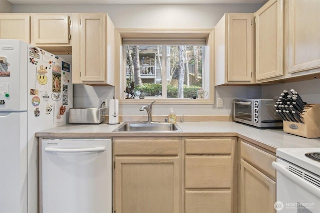 kitchen featuring a toaster, white appliances, a sink, light countertops, and light brown cabinetry