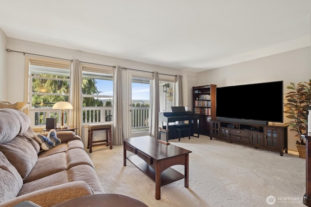 living area with light colored carpet