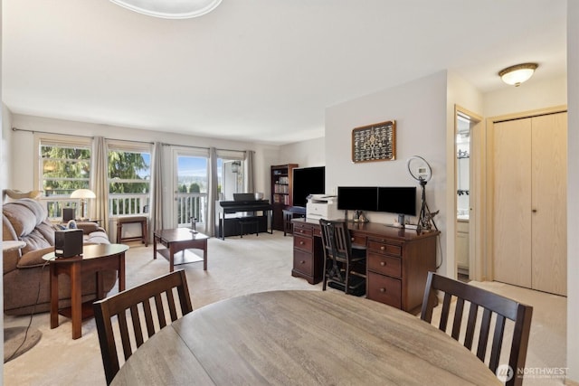 dining space featuring light carpet