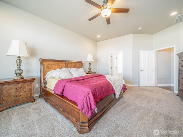 carpeted bedroom with visible vents, baseboards, ceiling fan, and recessed lighting