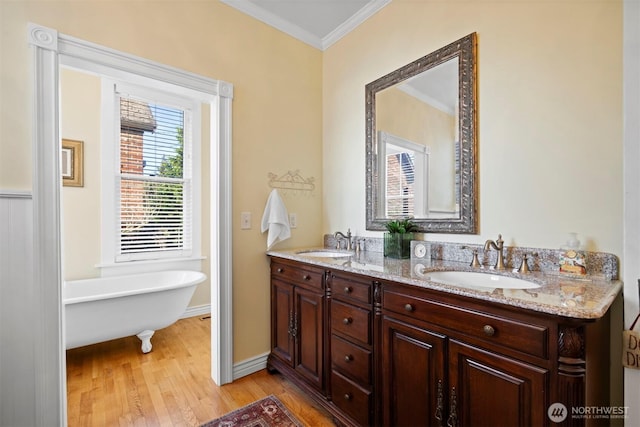 bathroom with double vanity, wood finished floors, a sink, and crown molding