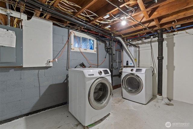 laundry room featuring laundry area, electric panel, tankless water heater, and independent washer and dryer