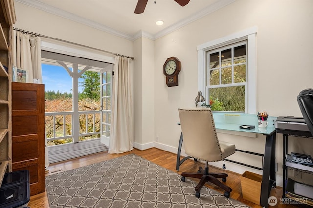 office area with recessed lighting, wood finished floors, a ceiling fan, baseboards, and ornamental molding