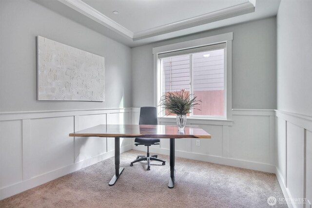 carpeted home office featuring ornamental molding, wainscoting, a raised ceiling, and a decorative wall