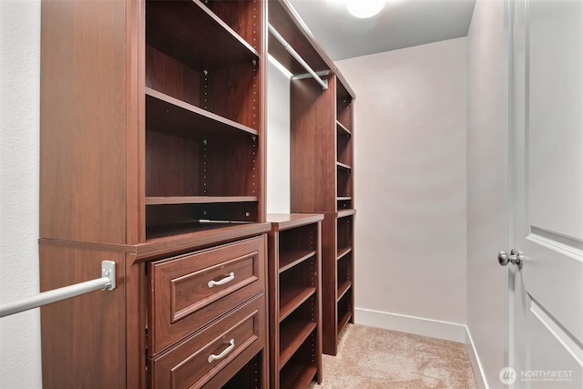 walk in closet featuring light carpet