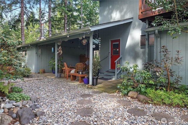 exterior space featuring entry steps and a patio