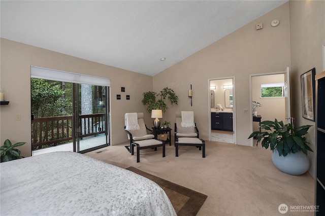 bedroom with access to outside, multiple windows, and light colored carpet