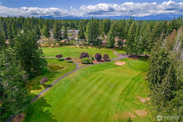 aerial view with a forest view, a mountain view, and golf course view