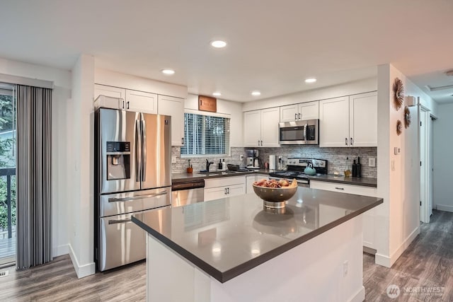 kitchen featuring dark countertops, decorative backsplash, stainless steel appliances, and wood finished floors