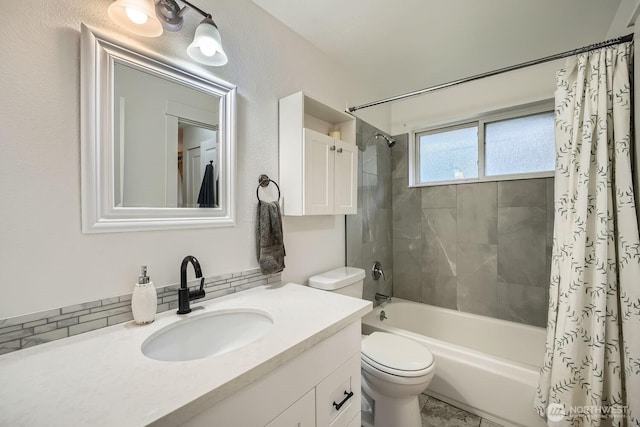 full bath featuring toilet, vanity, and shower / bathtub combination with curtain