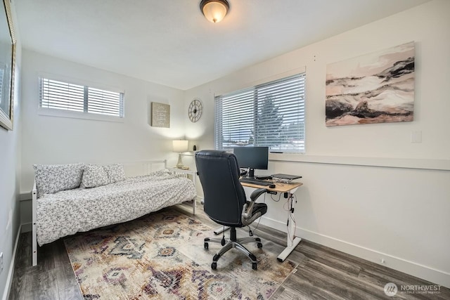 office space featuring a healthy amount of sunlight, baseboards, and wood finished floors