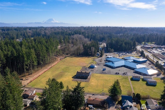 bird's eye view with a mountain view and a wooded view