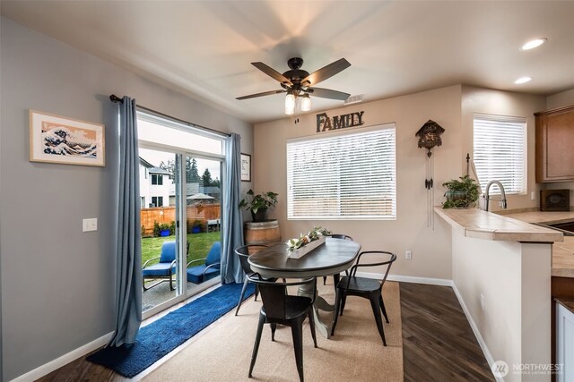 dining room featuring visible vents, baseboards, ceiling fan, and recessed lighting