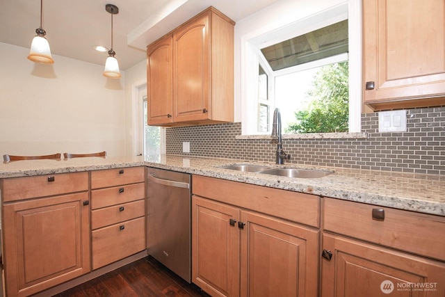 kitchen with a sink, decorative backsplash, dark wood finished floors, and dishwasher