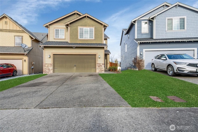 craftsman-style house with a front lawn, stone siding, driveway, and an attached garage