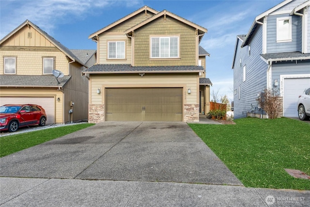 craftsman inspired home featuring a shingled roof, concrete driveway, stone siding, an attached garage, and a front lawn