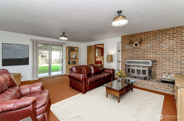 living room featuring carpet floors and a textured ceiling