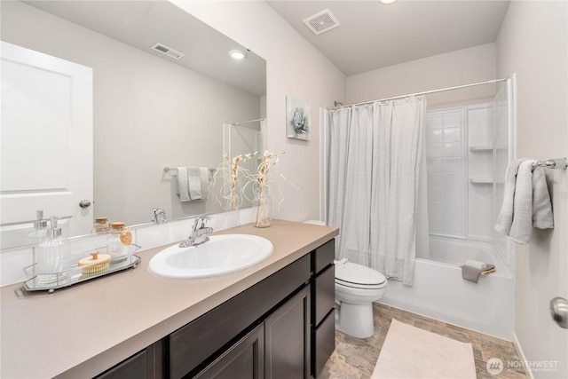 bathroom with visible vents, shower / bath combination with curtain, toilet, and vanity