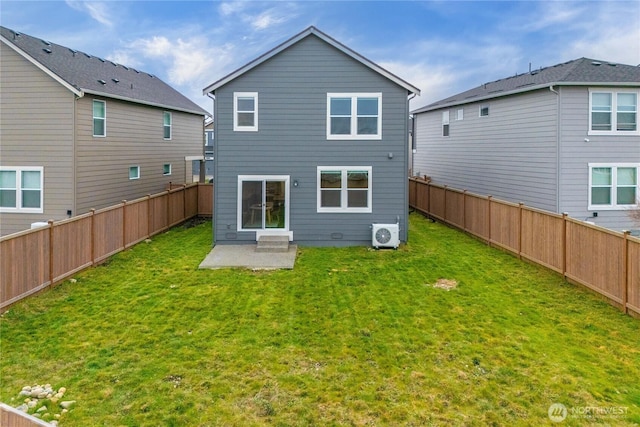 back of house featuring a patio, ac unit, a yard, and a fenced backyard