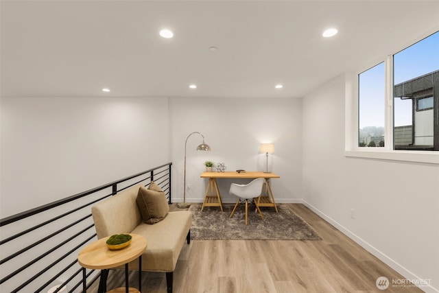 office area featuring recessed lighting, baseboards, and wood finished floors