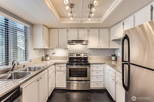 kitchen featuring under cabinet range hood, a sink, white cabinets, appliances with stainless steel finishes, and a raised ceiling