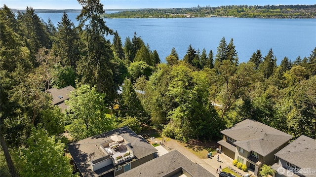 aerial view featuring a forest view and a water view