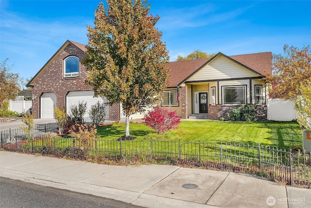 view of front of house with a fenced front yard, concrete driveway, brick siding, and a front lawn