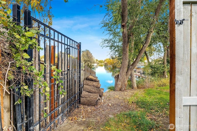 exterior space with a water view