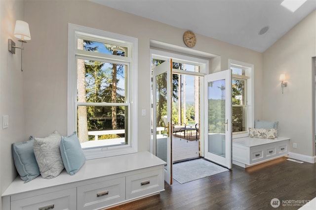 doorway featuring vaulted ceiling, dark wood-type flooring, and baseboards