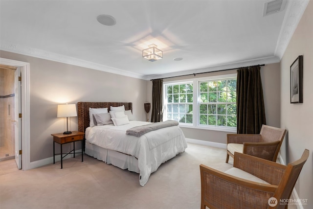 bedroom with baseboards, visible vents, crown molding, and light colored carpet