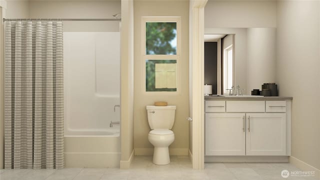 bathroom featuring tile patterned flooring, toilet, vanity, baseboards, and shower / bath combo with shower curtain