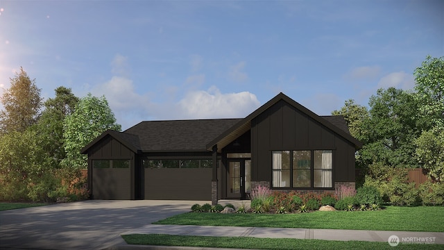 view of front facade with a shingled roof, concrete driveway, board and batten siding, a garage, and a front lawn