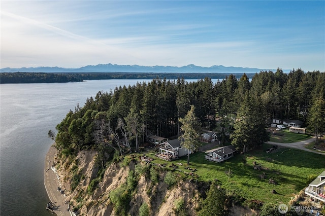 birds eye view of property with a wooded view and a water and mountain view