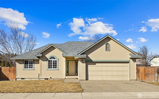 ranch-style house with a garage, fence, driveway, crawl space, and roof with shingles