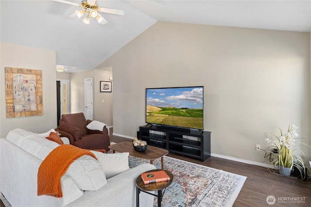 living room featuring dark wood-type flooring, lofted ceiling, ceiling fan, and baseboards