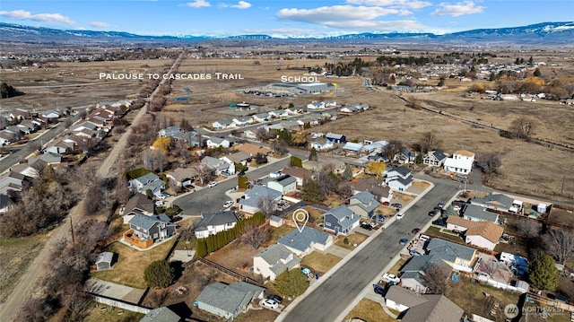 birds eye view of property with a mountain view and a residential view