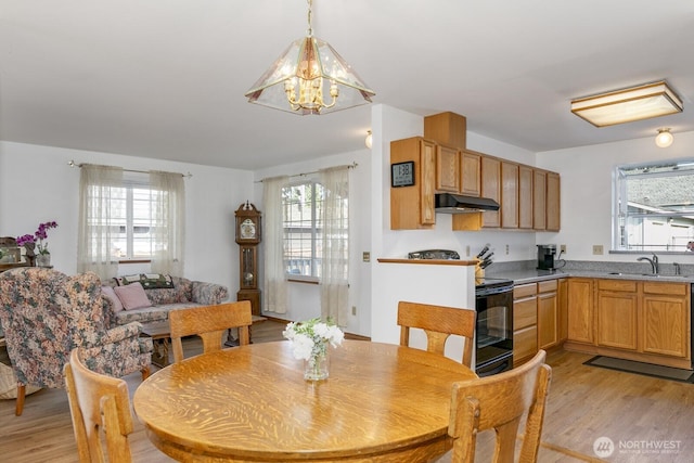 dining area featuring a notable chandelier, plenty of natural light, and light wood finished floors