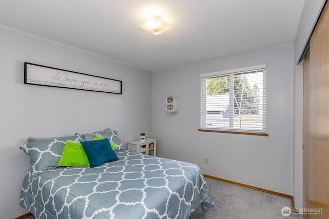 bedroom featuring carpet floors, baseboards, and a closet