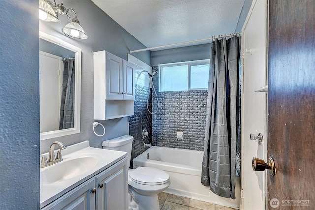 full bathroom with shower / tub combo, a textured wall, toilet, a textured ceiling, and vanity