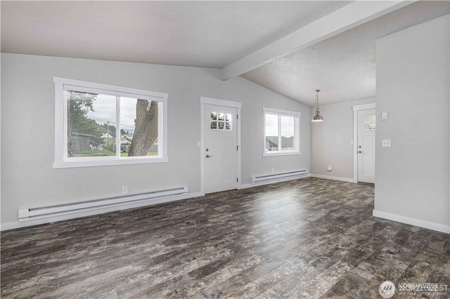 interior space featuring vaulted ceiling with beams, baseboards, baseboard heating, and wood finished floors