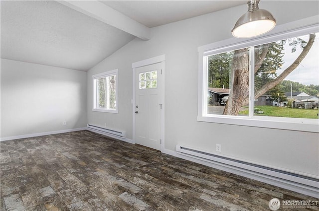 foyer entrance featuring vaulted ceiling with beams, a baseboard radiator, wood finished floors, and baseboards