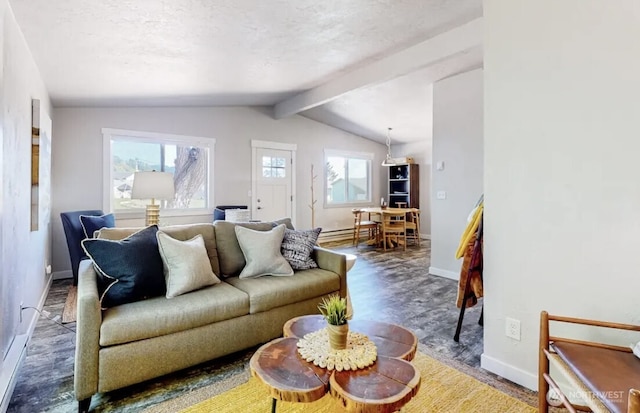 living room with baseboards, lofted ceiling with beams, wood finished floors, a textured ceiling, and a baseboard heating unit