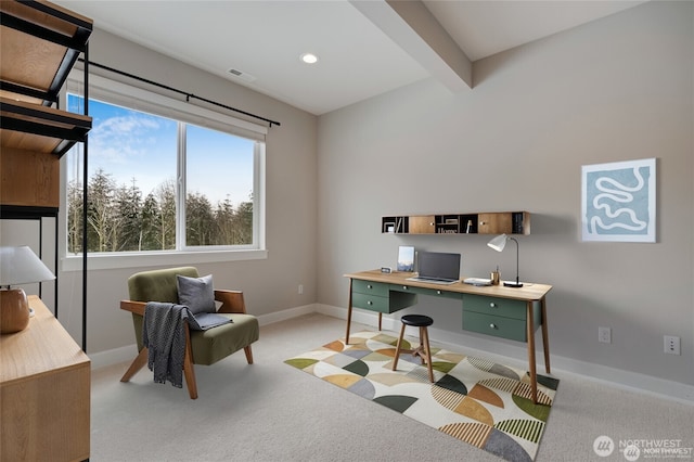 home office with visible vents, baseboards, light colored carpet, beamed ceiling, and recessed lighting