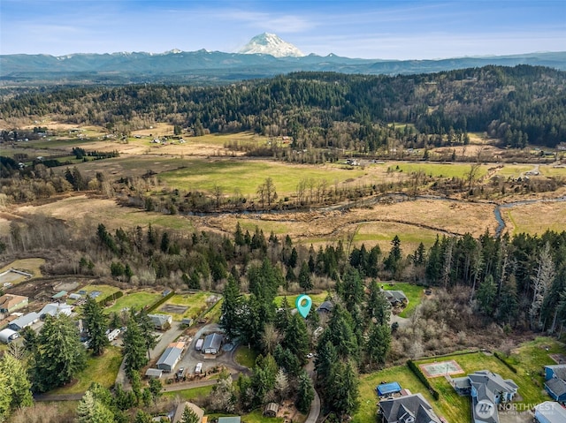 bird's eye view featuring a view of trees and a mountain view