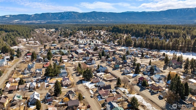 drone / aerial view featuring a residential view, a mountain view, and a wooded view